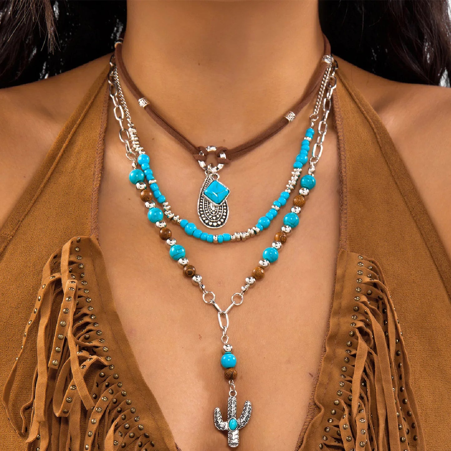 3Pcs/Set Vintage Hat Cowboy Boot Pendant Necklace for Women Bohemian Blue Stone Beads Chain Choker Daily Jewelry Y2K Accessories