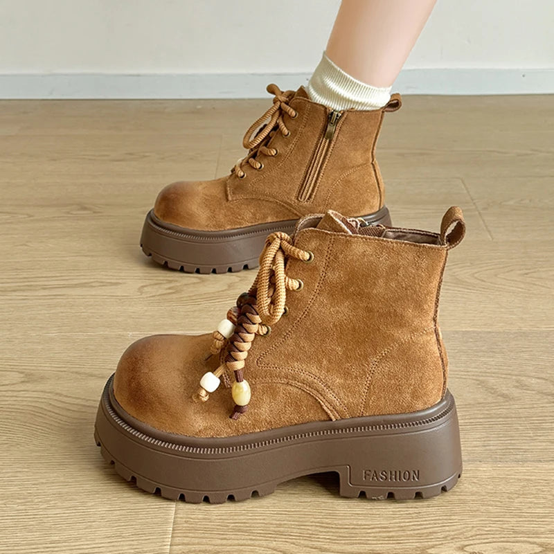 Vintage Chunky Platform Ankle Boots Women Autumn Winter Thick Sole Lace Up Boots Woman 2025 Anti Slip Zipper Short Booties Mujer