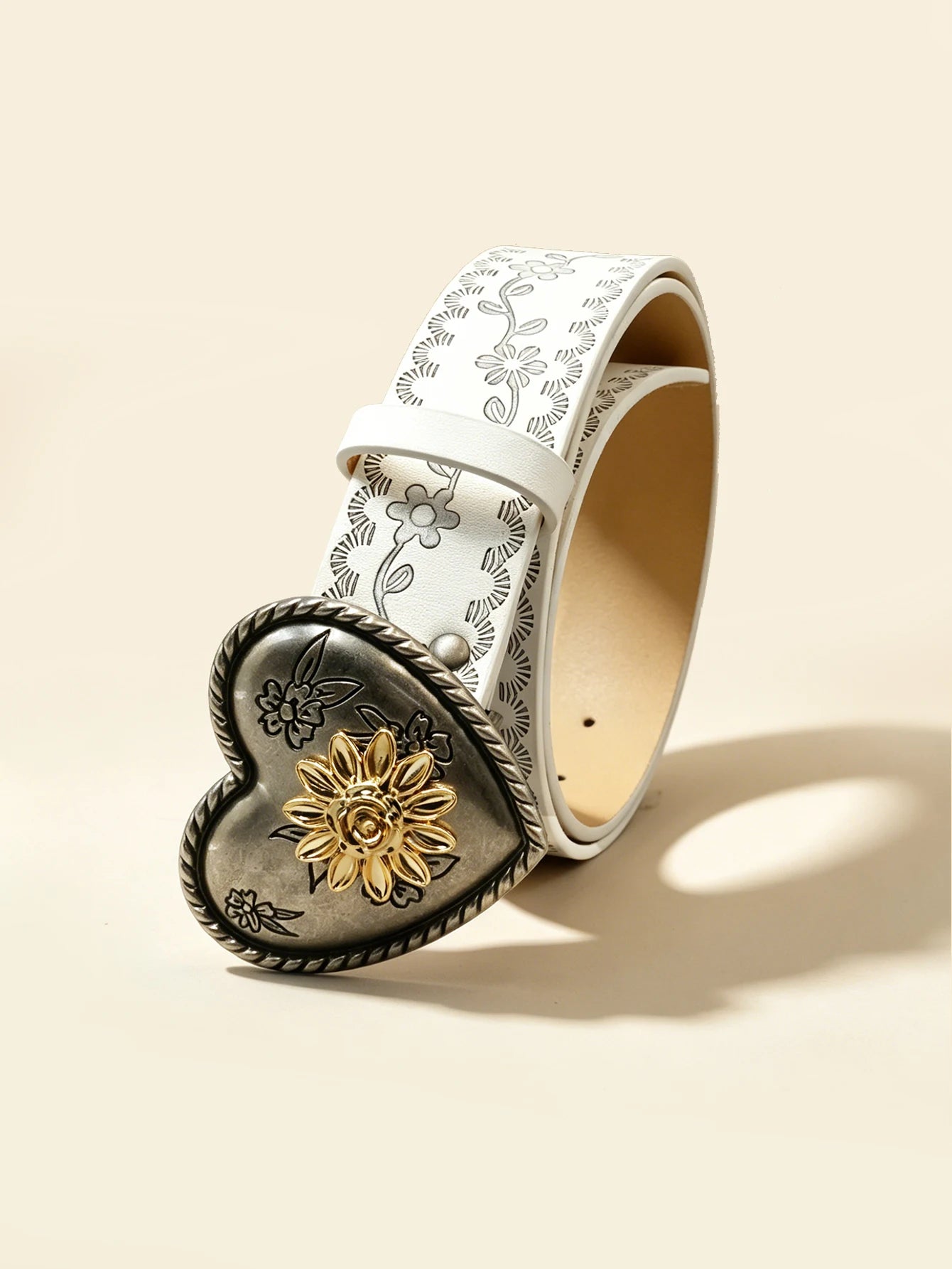Heart Flower Metal Buckle Belt Brown Embossed Women's Retro Waistband Fashion Decorative Belt