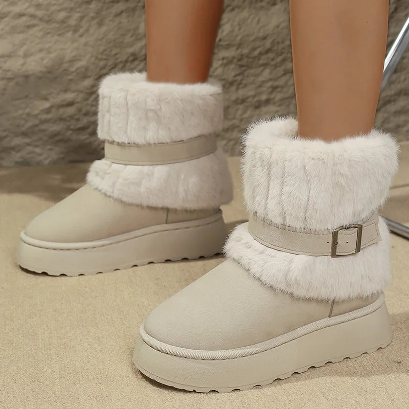 Fashion Buckle Fluffy Fur Boots Women Comfortable Winter Slip On Platform Snow Boots Woman Thick Sole Furry Ankle Botas Mujer