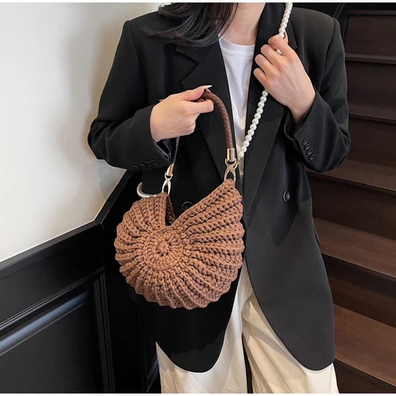 Brown Conch Shell Knit Crossbody Shoulder Bag Pearl Chain Woven Women Classy Bag