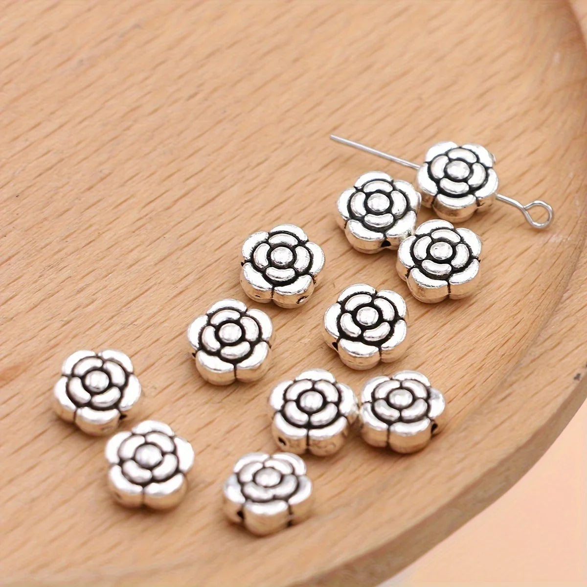 20Pcs Antique Silver Plated Rose Flower Loose Spacer Beads for Bracelet Necklace Jewelry Making Accessories DIY