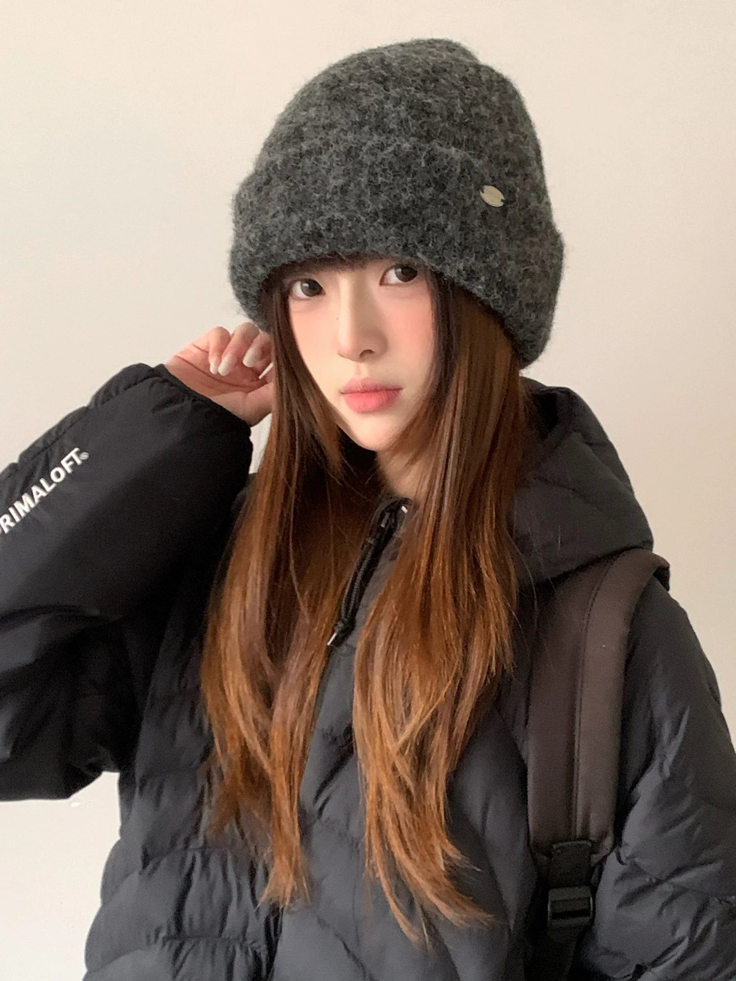 Woolen Gray Knitted Hat With A Korean Vibe Suitable For Women In Winter With A Large Head Circumference Arm And Covering Ears