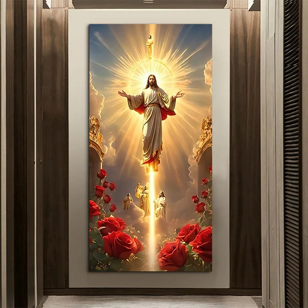 Classic Vintage Wall Art Jesus Light Ascension with Rose Scene, HD Canvas Print