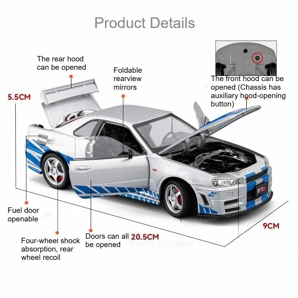 1:24 GTR-R34 SKYLINE Diecast Alloy Models Toys Car with Pull Back Doors Opened rubber tires Miniature Sportscar Collecting Hobby