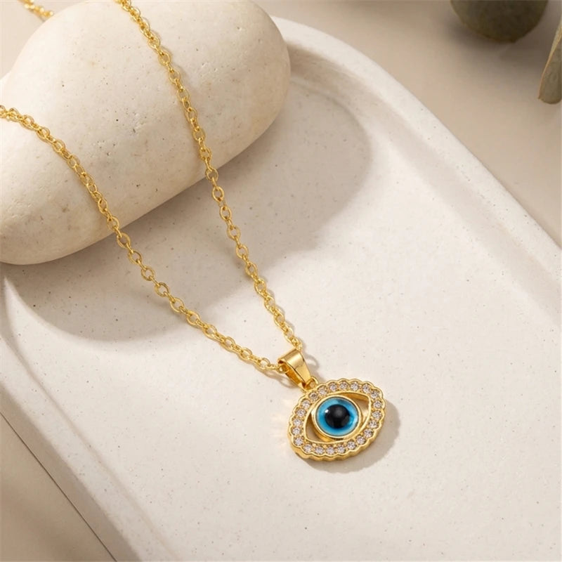 Minimalist Dainty Zircon Evil Eye Necklace for Women Gold Plated Stainless Steel Chain Blue Eye Pendant Daily Wear Jewelry Gift