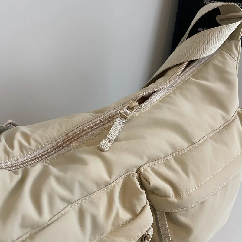 White Casual Work Style Waterproof Nylon Crossbody Shoulder Bag W/Large Capacity