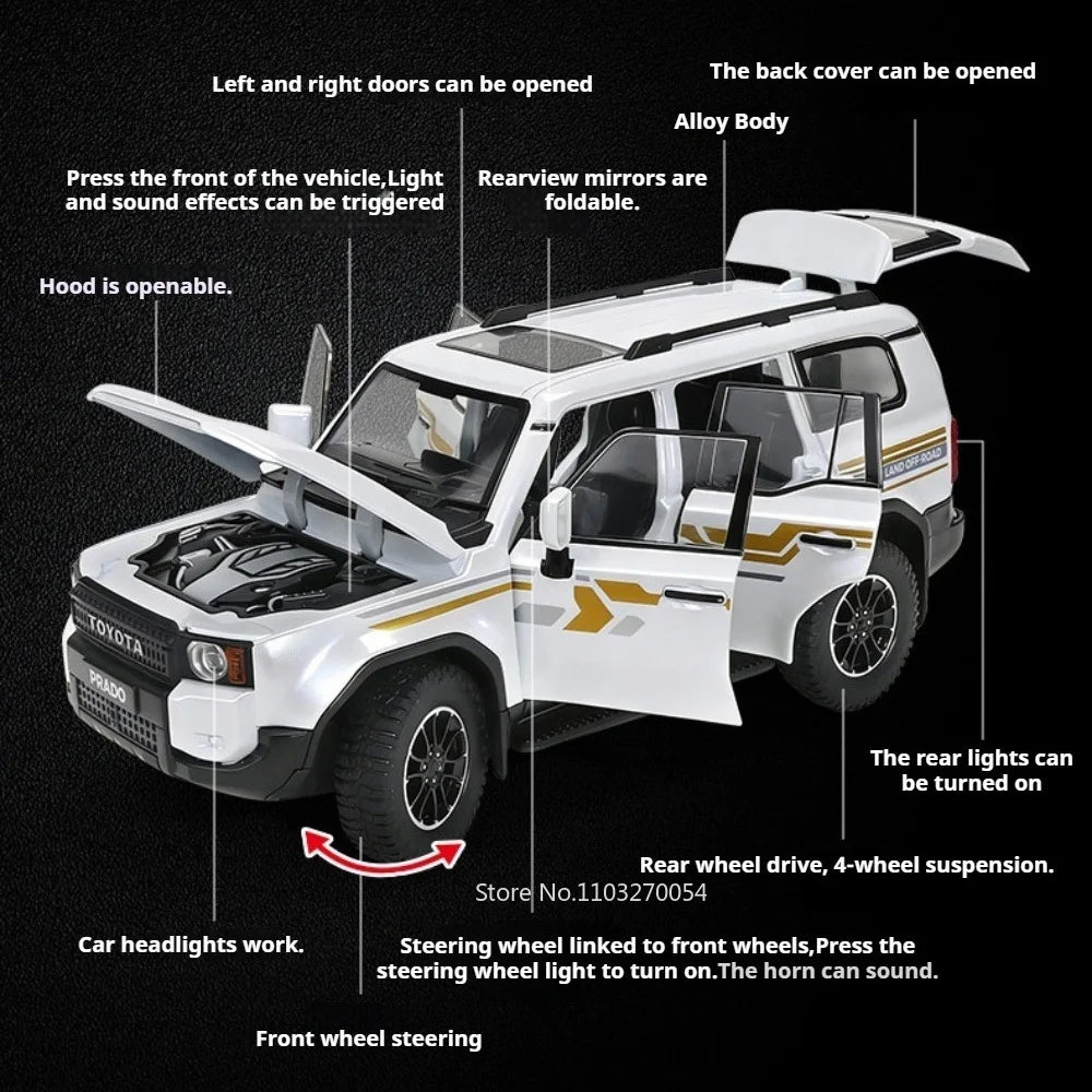 1:24 Prado FJ Cruiser Alloy Diecast Off Road Vehicle Model Toys Car Sound Light Pull Back Front Wheel Steering Festival Surprise