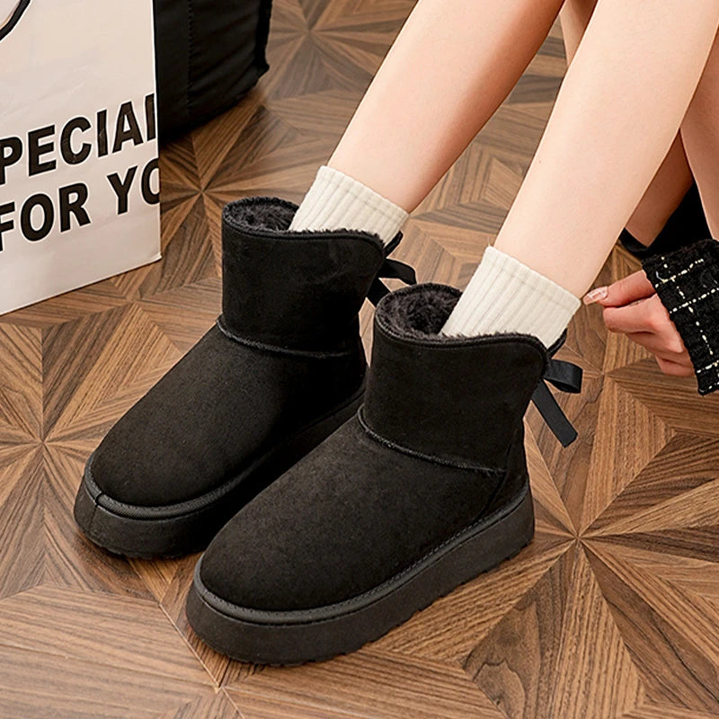 Faux Suede Platform Snow Boots Women Slip On Warm Thicken Plush Winter Boots Woman Cute Bowk Decor Non Slip Cotton Shoes Female