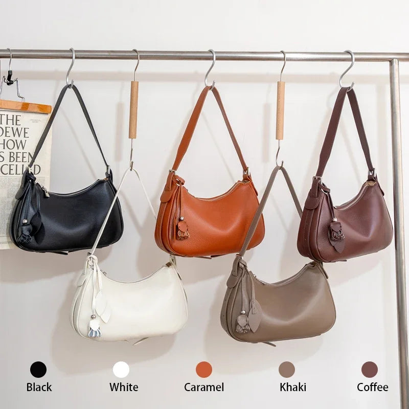 Genuine Cowhide Leather Slouchy Hobo Shoulder Bag for Women Pebbled Leather Crossbody Bag with Tassel Charm Luxury Designer Bag