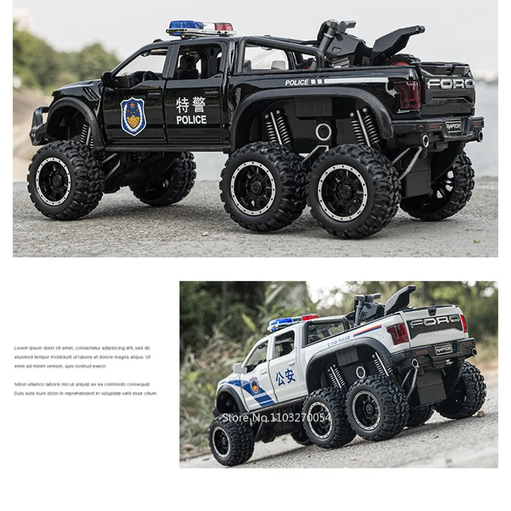 1/28 Raptor F150 Pickup Model Car Toys Diecast Alloy Off-road Police Cars 6 Doors Opened Sound Light Pull Back Toy For Kids Gift