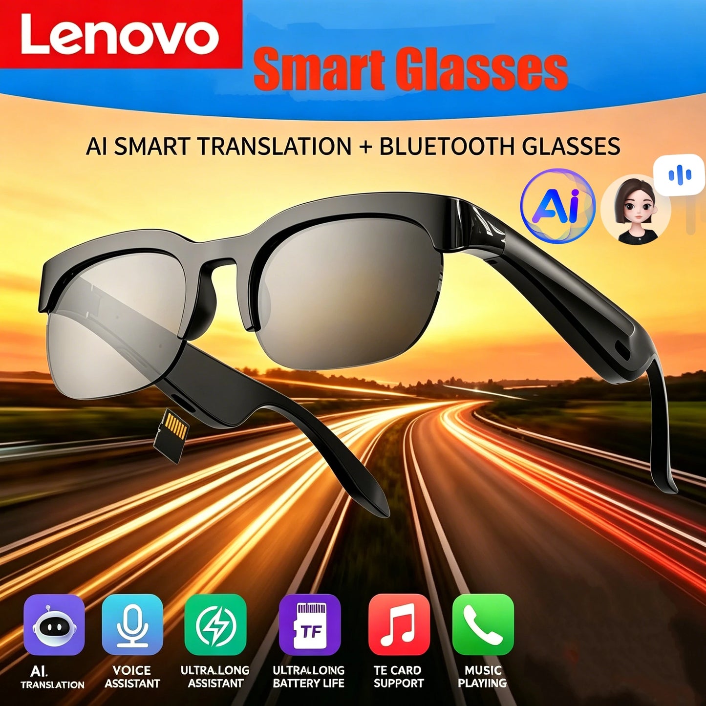 Lenovo AI Smart Glasses AI Translation Hands-Free Calling AI Chat Logging Music Playback Smart Sunglasses For Men Women 2026 NeW