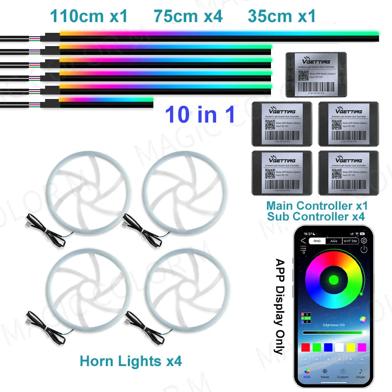 22 In 1 Full Color Streamer Car Ambient Lights RGB 64 Color Universal LED Interior Hidden Acrylic Strip Symphony Atmosphere Lamp