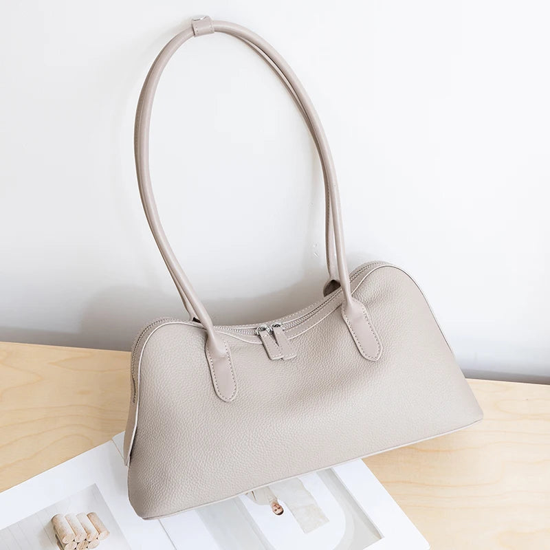 Genuine Cowhide Leather Large Baguette Shoulder Bag for Women Daily Office Pebbled Leather Hobo Tote Bag with Zipper Closure