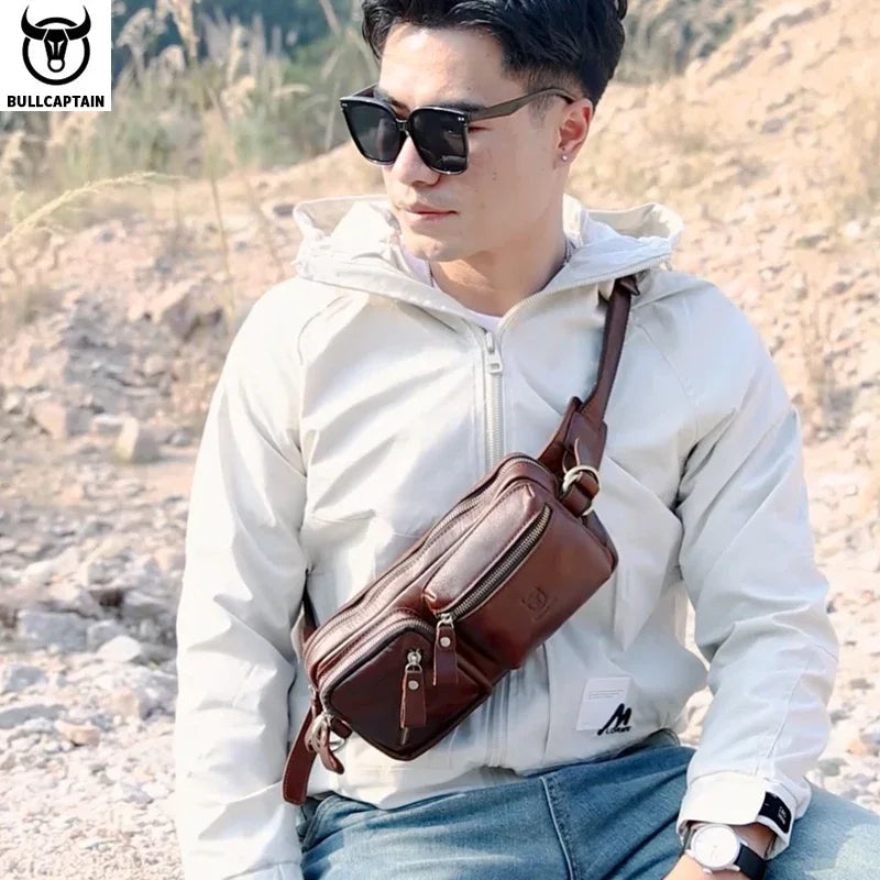 BULLCAPTAIN Men's Genuine Leather Chest Bag Outdoor Sports Shoulder Bag Multifunctional Large Capacity Waist Bag