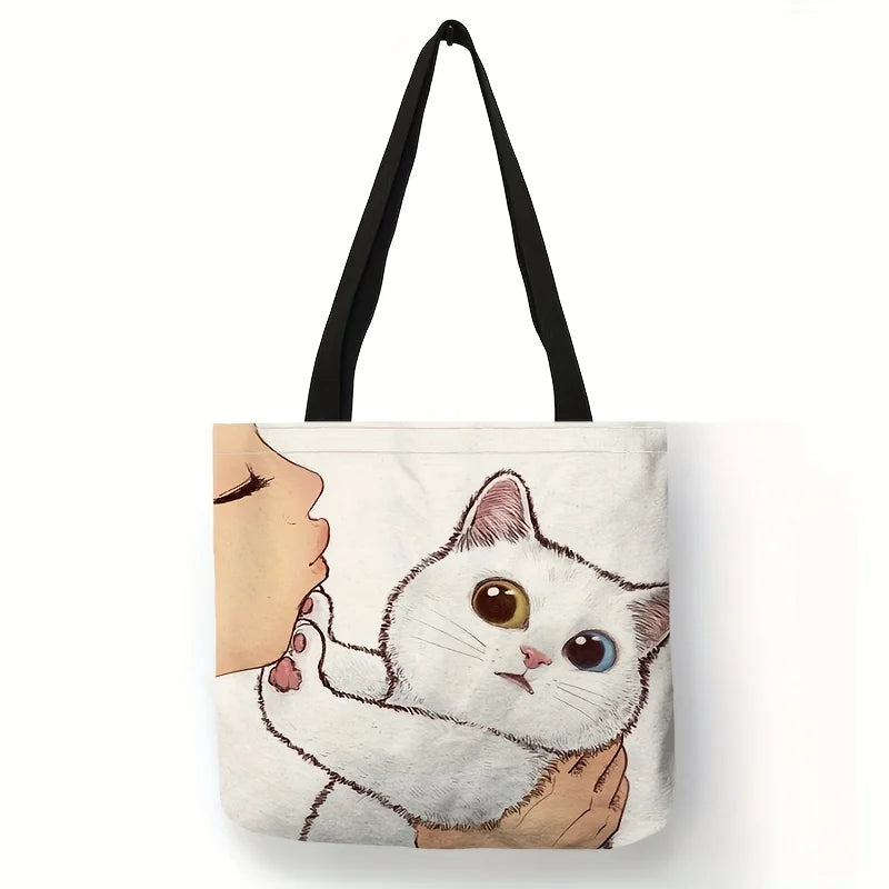 Cute Cartoon Cat Print Tote Bag, Large Shoulder Bag, Women's Casual Handbag