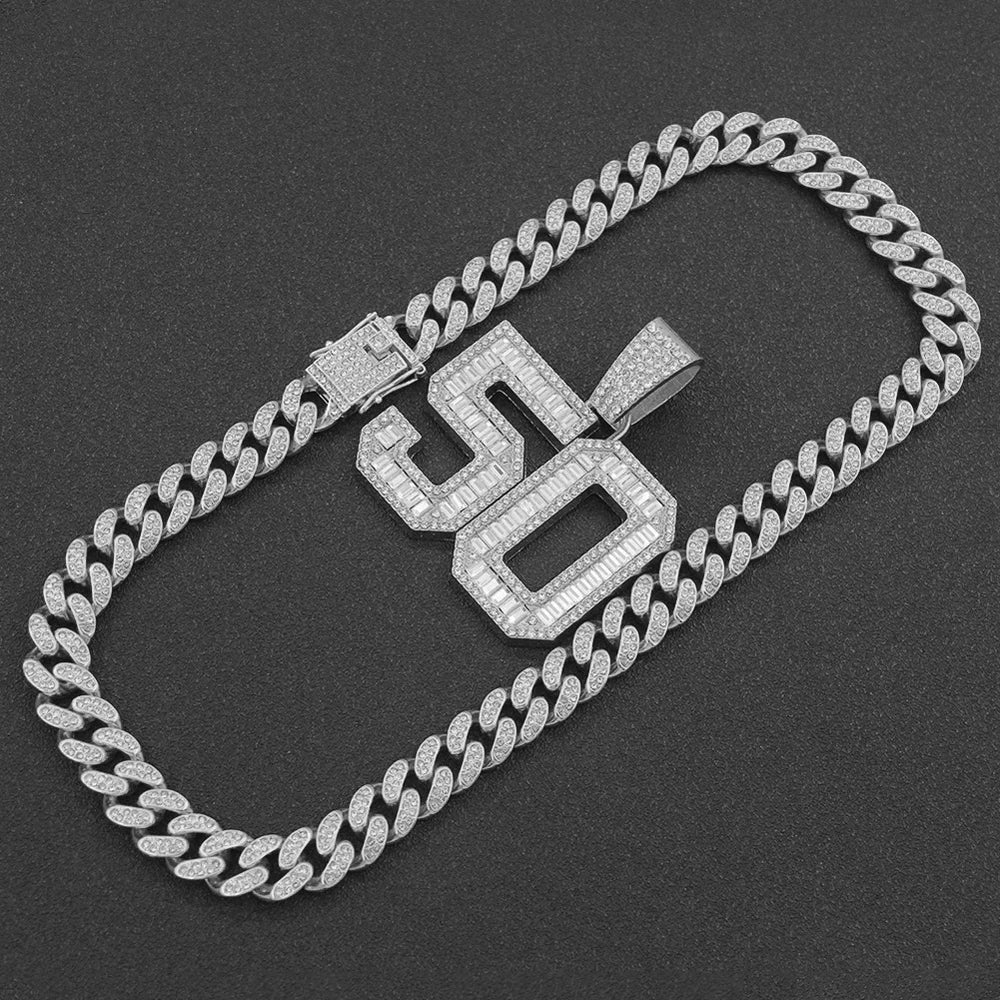 Men Women Hip Hop Number 50 Pendant Necklaces With 13mm Full Crystal Shiny Miami Cuban Chain Choker Fashion Charm Rapper Jewelry