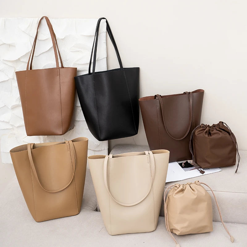 Genuine Cowhide Leather Tote Bag for Women Minimalist Large Capacity Shoulder Bag for Daily Luxury Soft Leather Bucket Bags