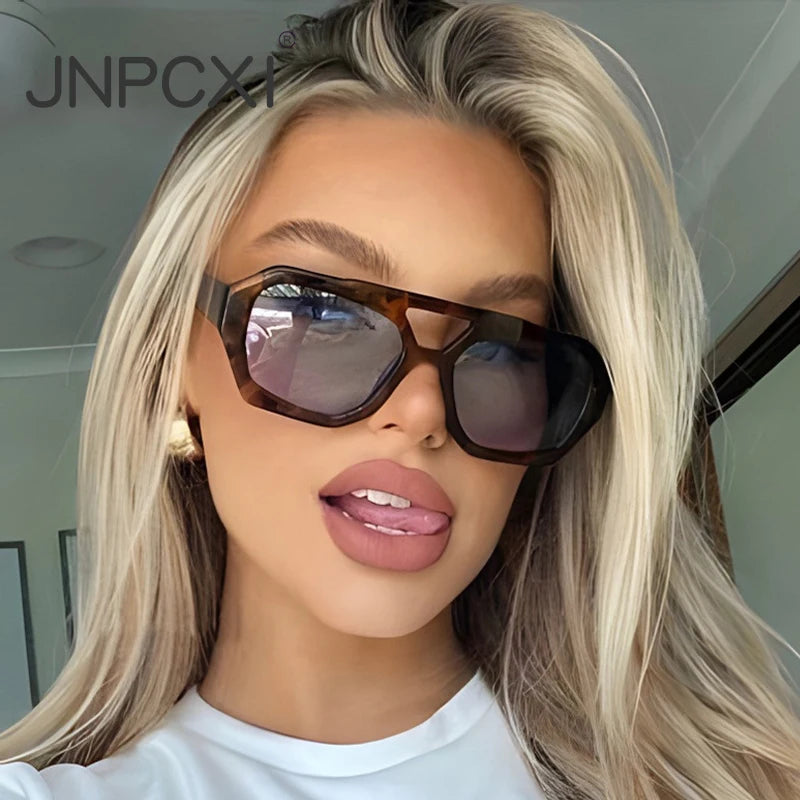 JNPCXI Vintage Square Sunglasses for Women Men Thick Frame Double Bridges Eyewear Female Fashion Polygon Sun Glasses