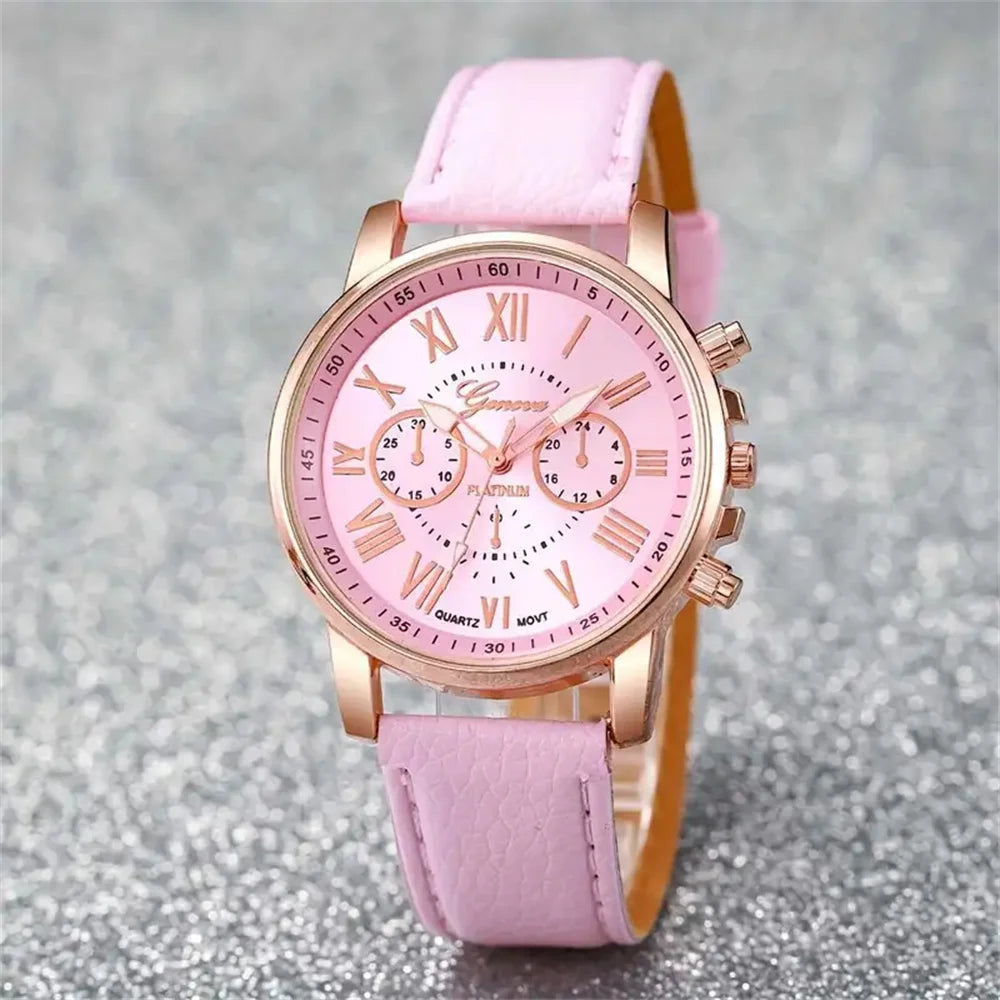 6PCS/Set Women's Quartz Watch Leather Band Analog Wrist Watches Jewelry w/o Box