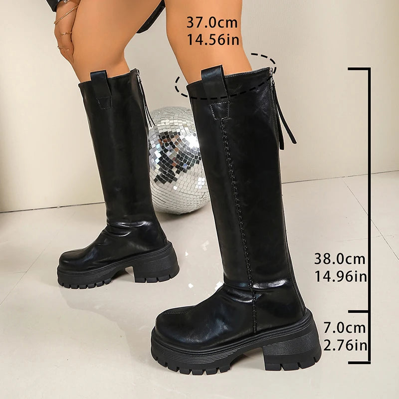 Pu Lrather Chunky Platform Knee High Boots Women Plus Size 42 Thick Bottom Motorcycle Boots Woman Back Zipper Punk Long Botas