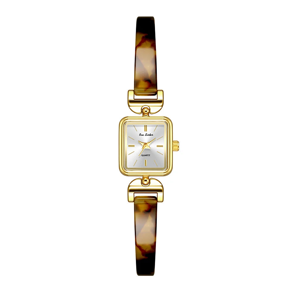Bee Sister Ladies Watches New 2025 Luxury Tortoiseshell Amber Watches For Woman Vintage Bracelet Wristwatch Square