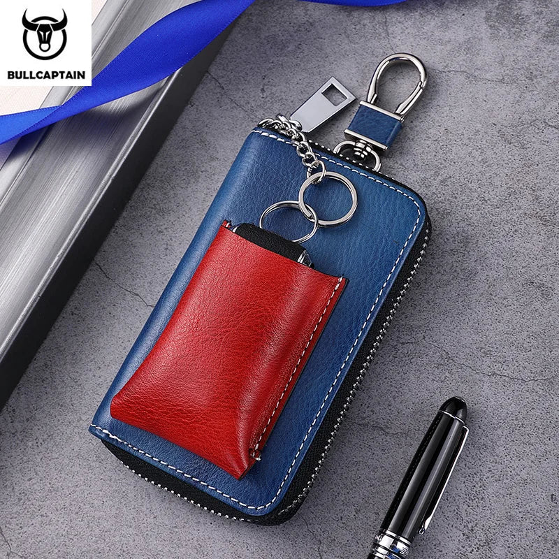 BULLCAPTAIN Men's Genuine Leather Key Case New Home Car Key Clip Men's Leather Key Case Mini Practical Key Chain Zipper Key Case