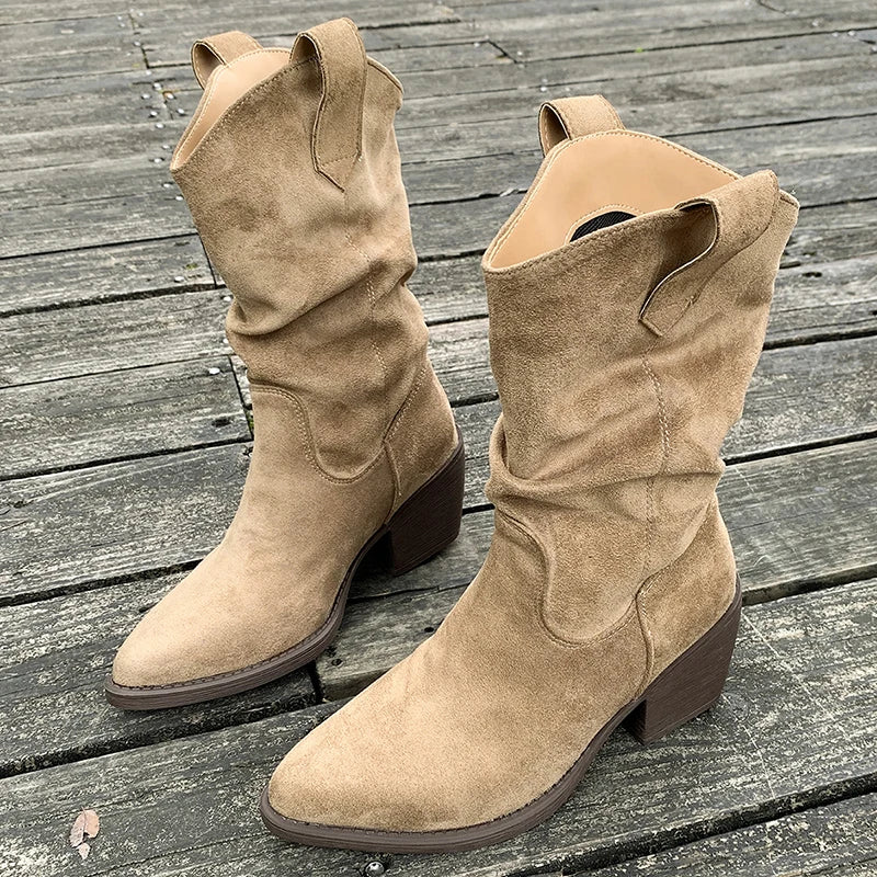 Brown Pointed Toe Thick Heels Western Boots Women Plus Size 43 Slip On Mid Calf Boots Woman Wide Leg Pleated Flock Botas Mujer