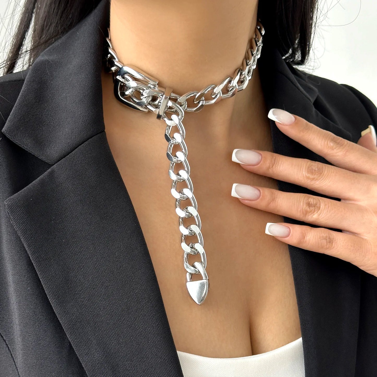 Exaggerated Big Heavy Metal Belt Choker Necklace for Women Men Punk Thick Chunky Clavicle Chains Steampunk Grunge Neck Jewelry