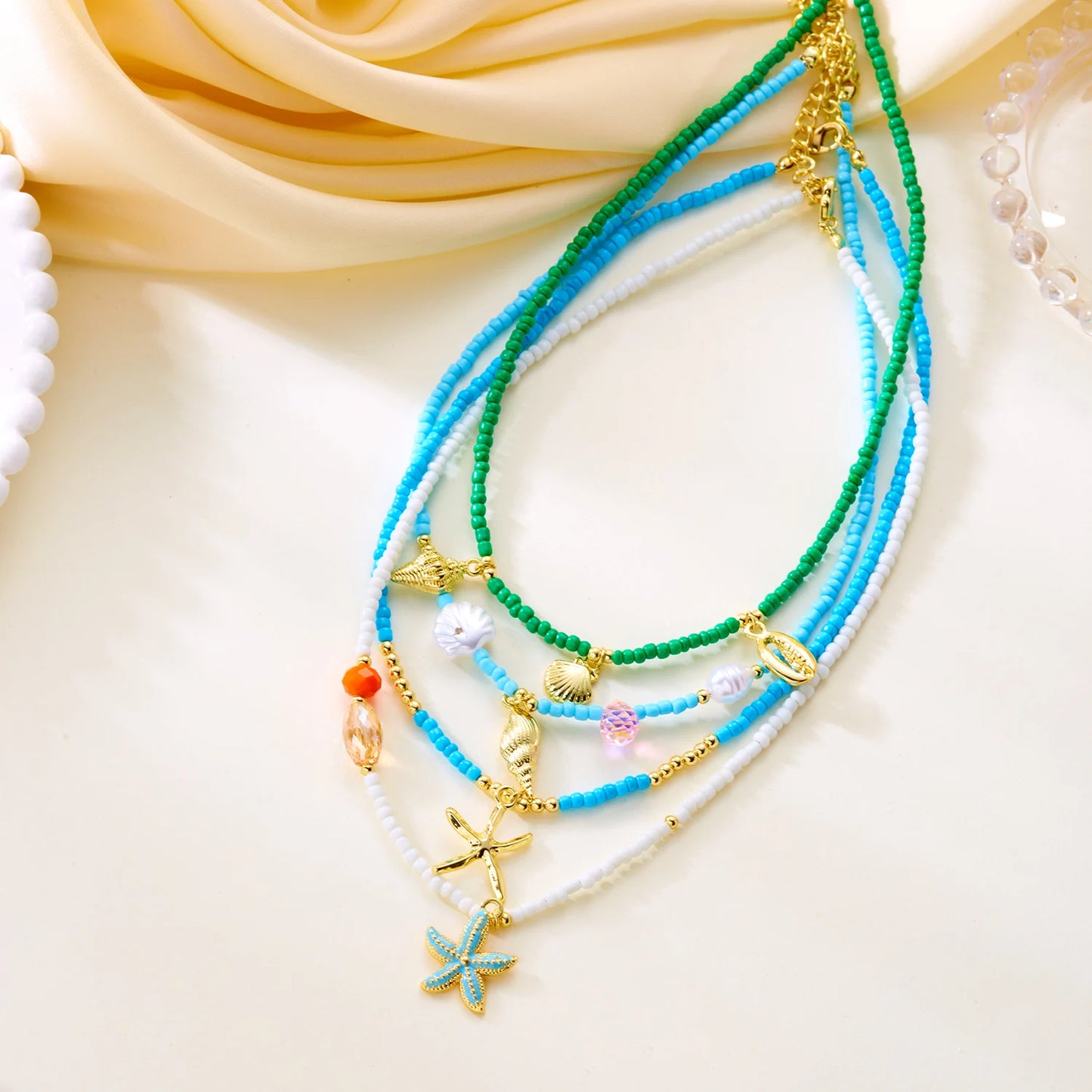 Charming Ceramic Fish Conch Starfish Pendant Necklace for Women Boho Colorful Acrylic Beads Choker Necklace Summer Beach Jewelry