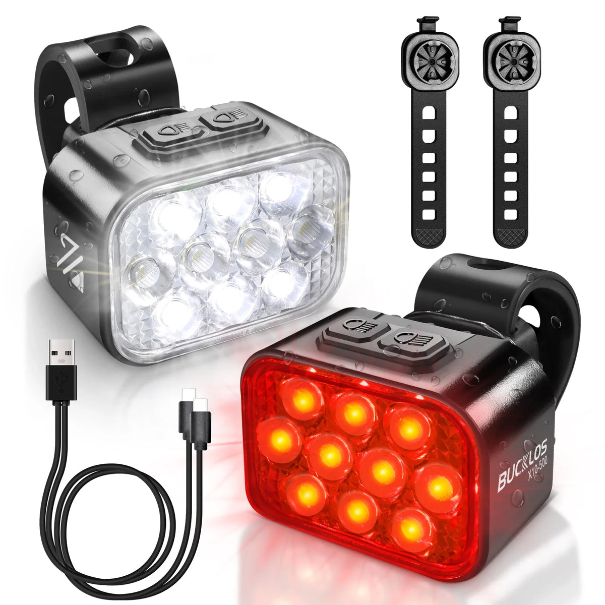 BUCKLOS USB Charge Bicycle LED Headlight Taillight Lightweight Bike Front Rear Lamp Waterproof Tail Lights Cycling Flashlight