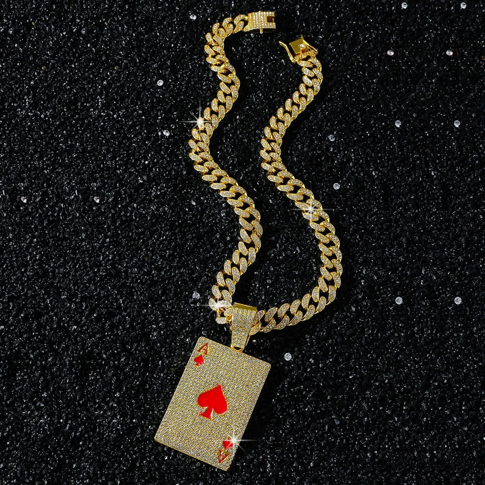 Men Women Hip Hop Poker Pendant Necklace with 13mm Cuban Chain Hiphop Iced Out Red Peach A Necklaces Fashion Punk Jewelry Gifts