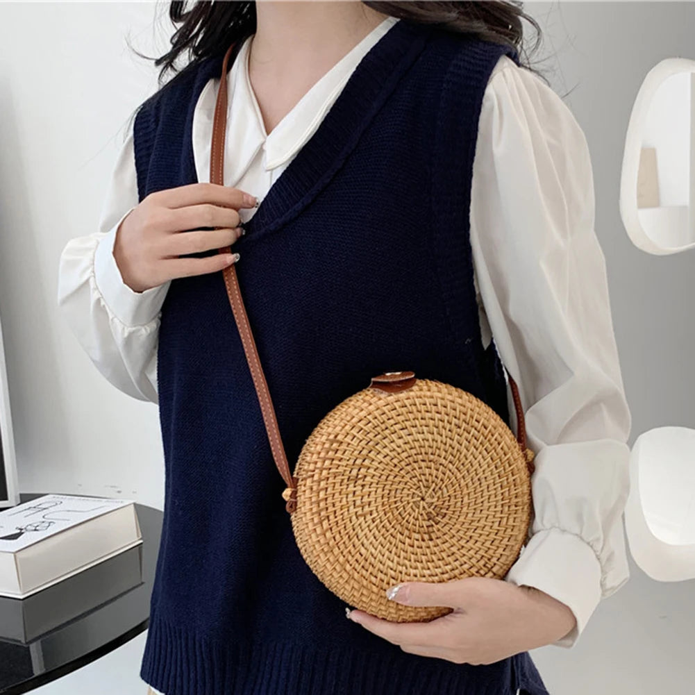 Women Storage Bag Vintage Rattan Woven Sling Bag Bohemia Fashion Beach Bag