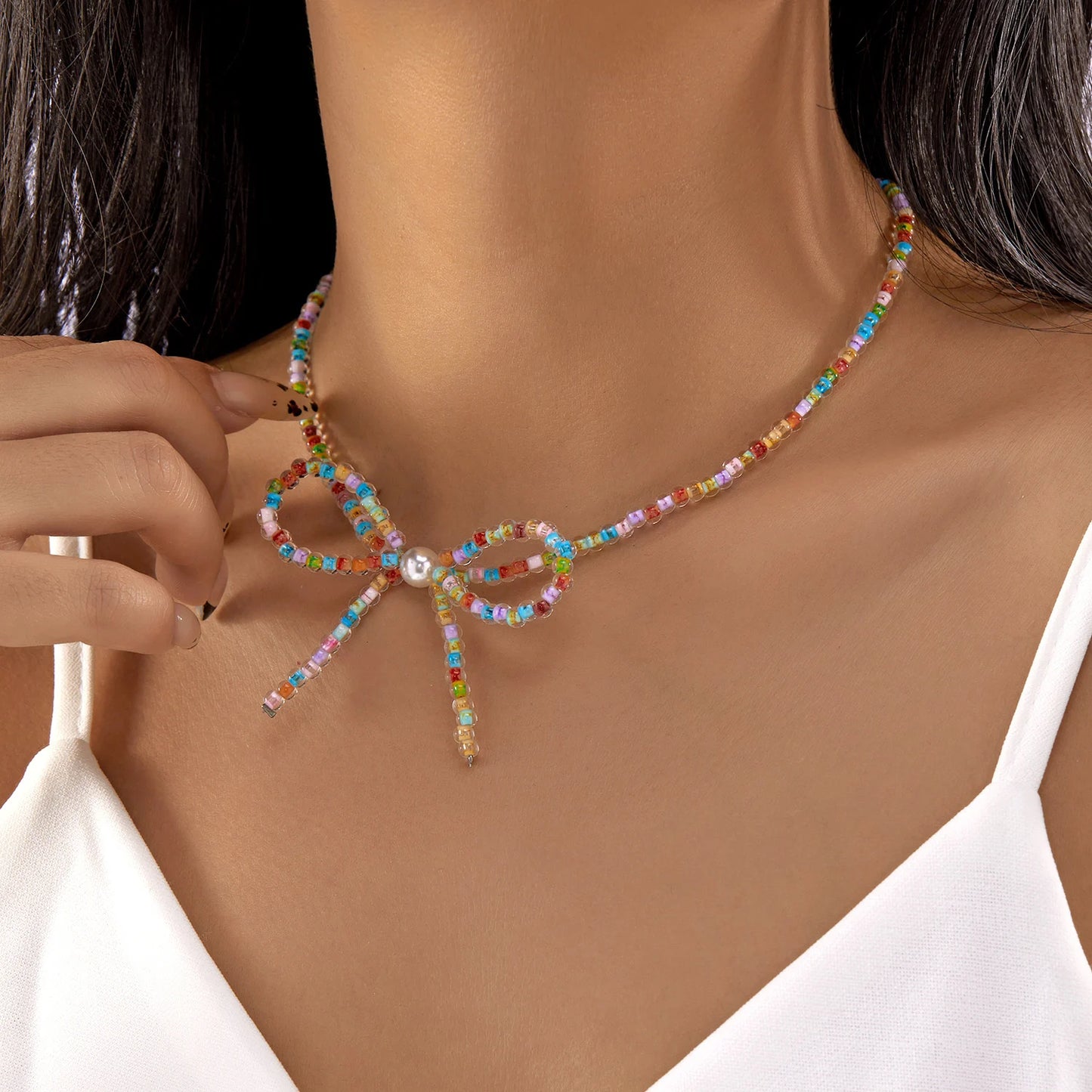 Elegant Fashion Bowknot Pearl Choker Necklace for Women Girl Cute Romantic Handmade Colorful Beads Collarbone Chain Jewelry Gift