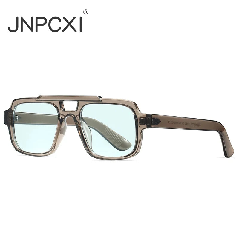 JNPCXI Fashion Double Bridges Square Men Sunglasses Fashion Gray Blue Shades UV400 Women Outdoor Punk Sun Glasses