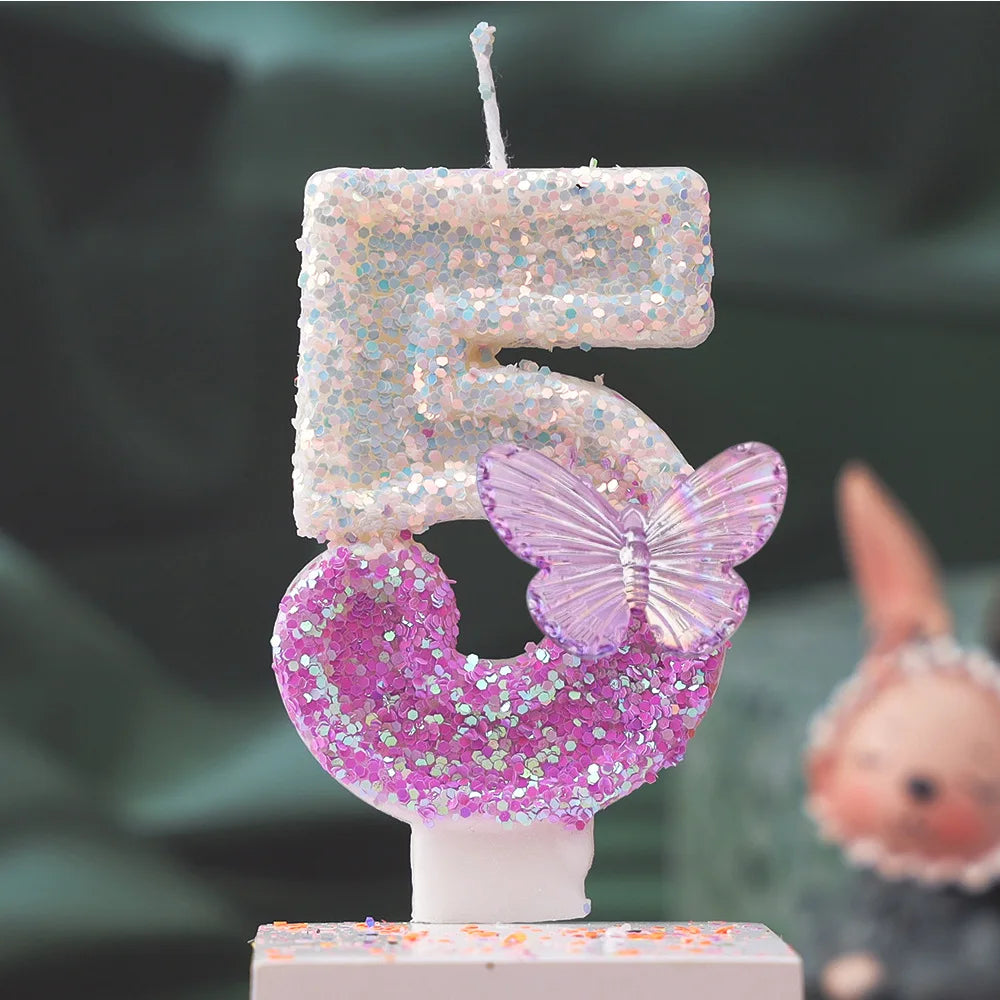 Creative 0-9 Numbers And Letters Birthday Cake Candle, DIY Party Decoration Candle With Purple Butterfly Design And Glitter