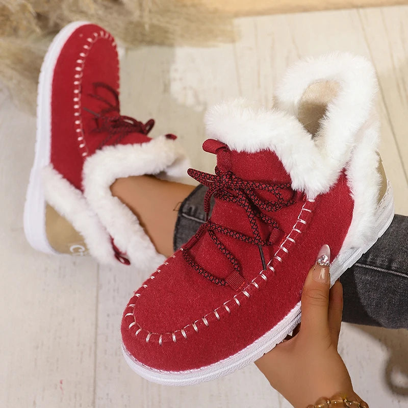 Red Thick Plush Lace Up Snow Boots Women Plus Size 43 Non Slip Sole Cotton Shoes Woman Comfortable Warm Fluffy Winter Boots