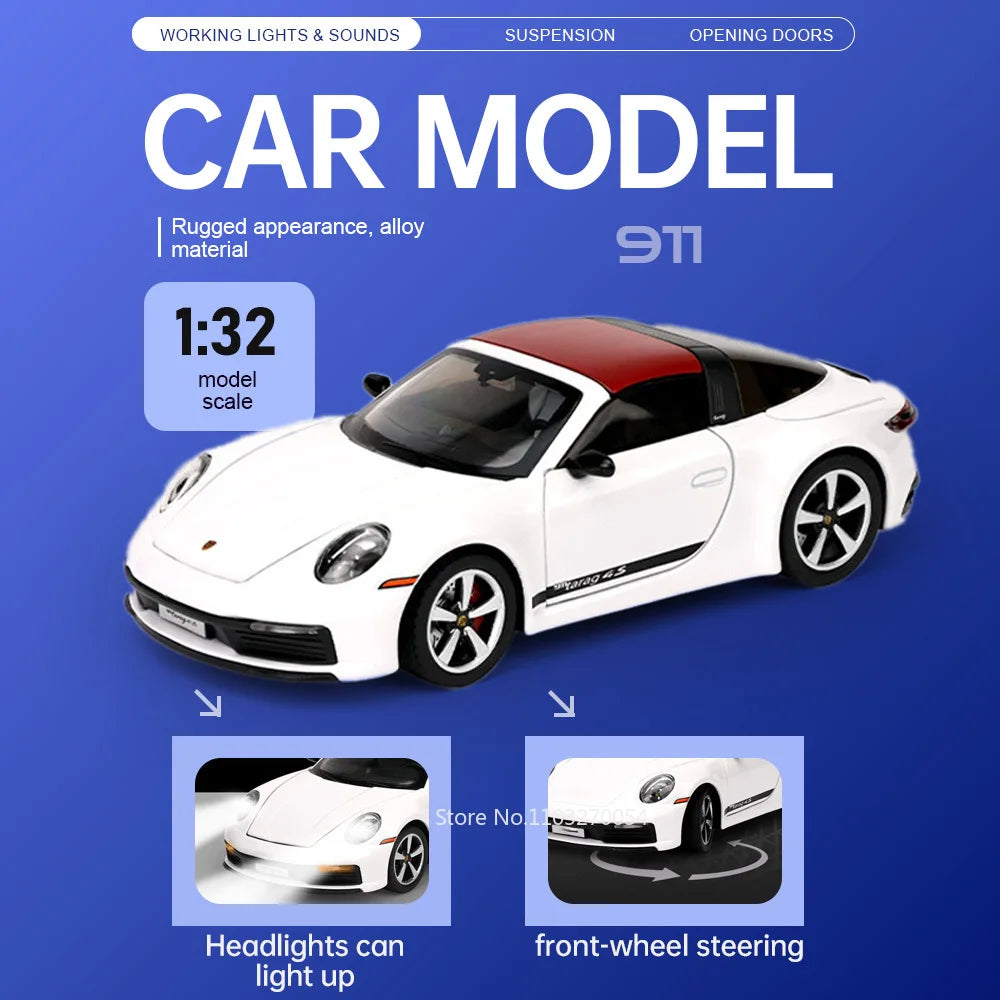 1:32 Scale 911 Targe Supra GT4 Miniature Model Alloy Diecast Toys Car Doors Opened with Sound Light Sportscar Gift That Boy Love