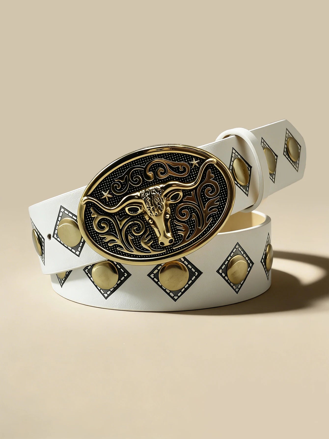 Western Style Bull Head Rivet Belt, White Vintage Engraved Metal Buckle Unisex Waistband