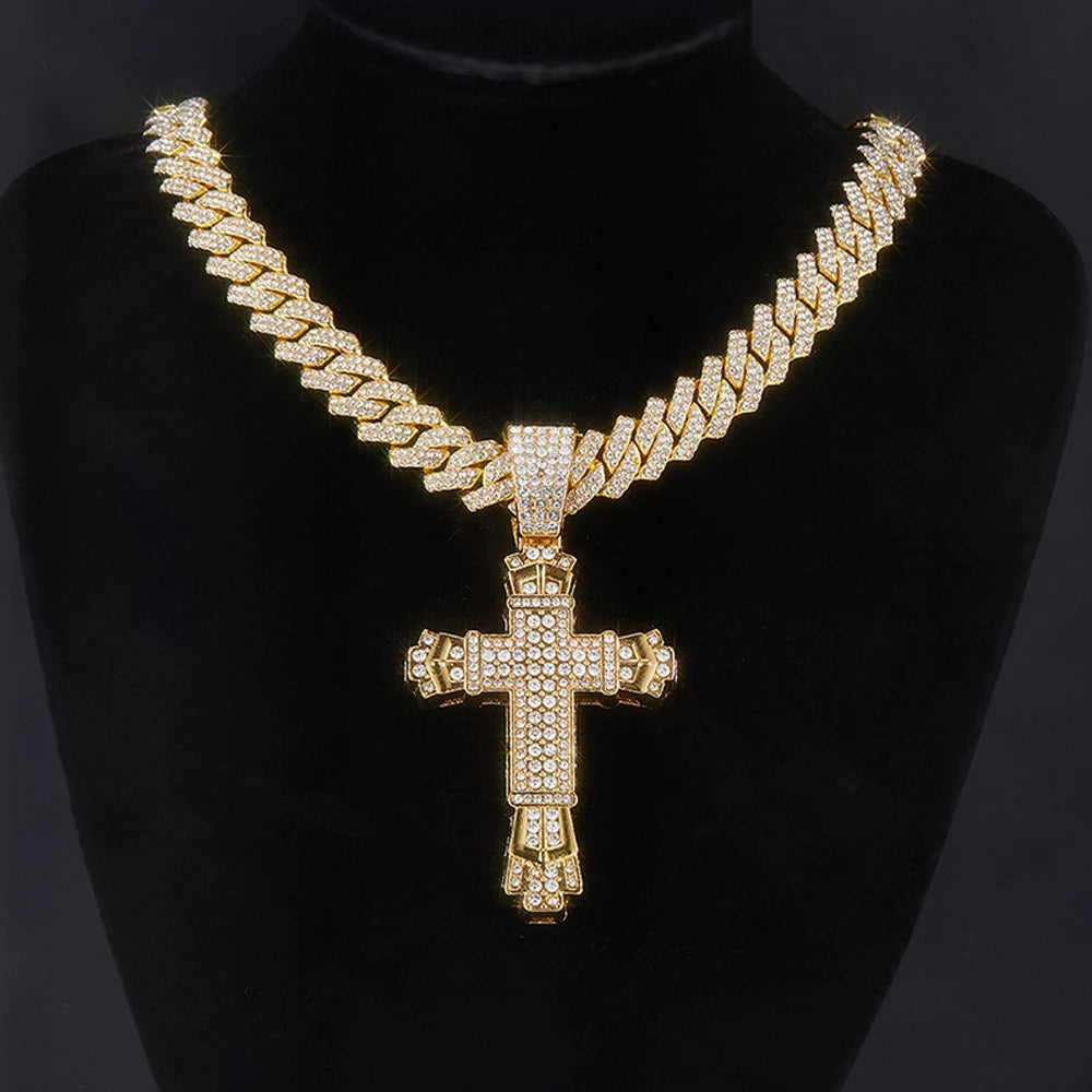Men Women Shiny Cross Pendant Necklace With Miami Cuban Chain Link Hip Hop Iced Out Bling Fashion Exquisite Charm Jewelry Gift