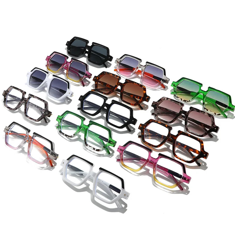 JNPCXI New Polygon Square Rivets Sunglasses Women Fashion Double Color Leopard Gradient Shades Men Clear Lens Frame UV400