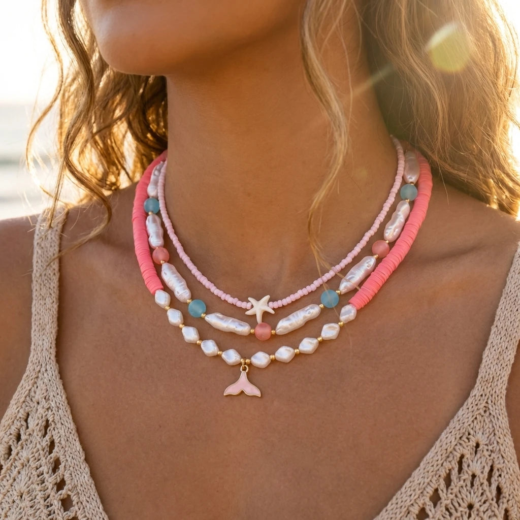 Bohemian Ocean 3Pcs Necklace Set For Women Fish Tail Starfish Pearl Polymer Clay Beaded Summer Jewelry