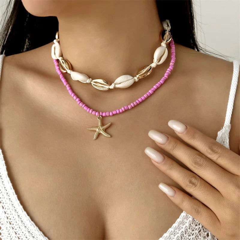 Double Layered Starfish Shell Rice Bead Necklace Women Trendy Summer Beach Sexy Choker Neck Chain Jewelry Vacation Accessories