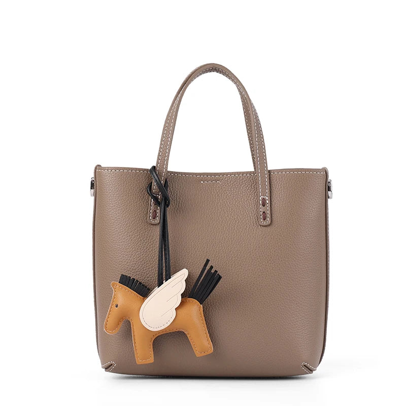 Genuine Cowhide Leather Mini Tote Bag for Women Pebbled Leather Bucket Bag with Horse Charm Luxury Designer Patchwork Handbag