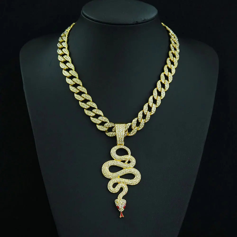 New Hip Hop Cobra Snake Necklaces with 15mm Cuban Chain Snake Animal Rapper Pendant Necklaces For Men Women Gothic Charm Jewelry