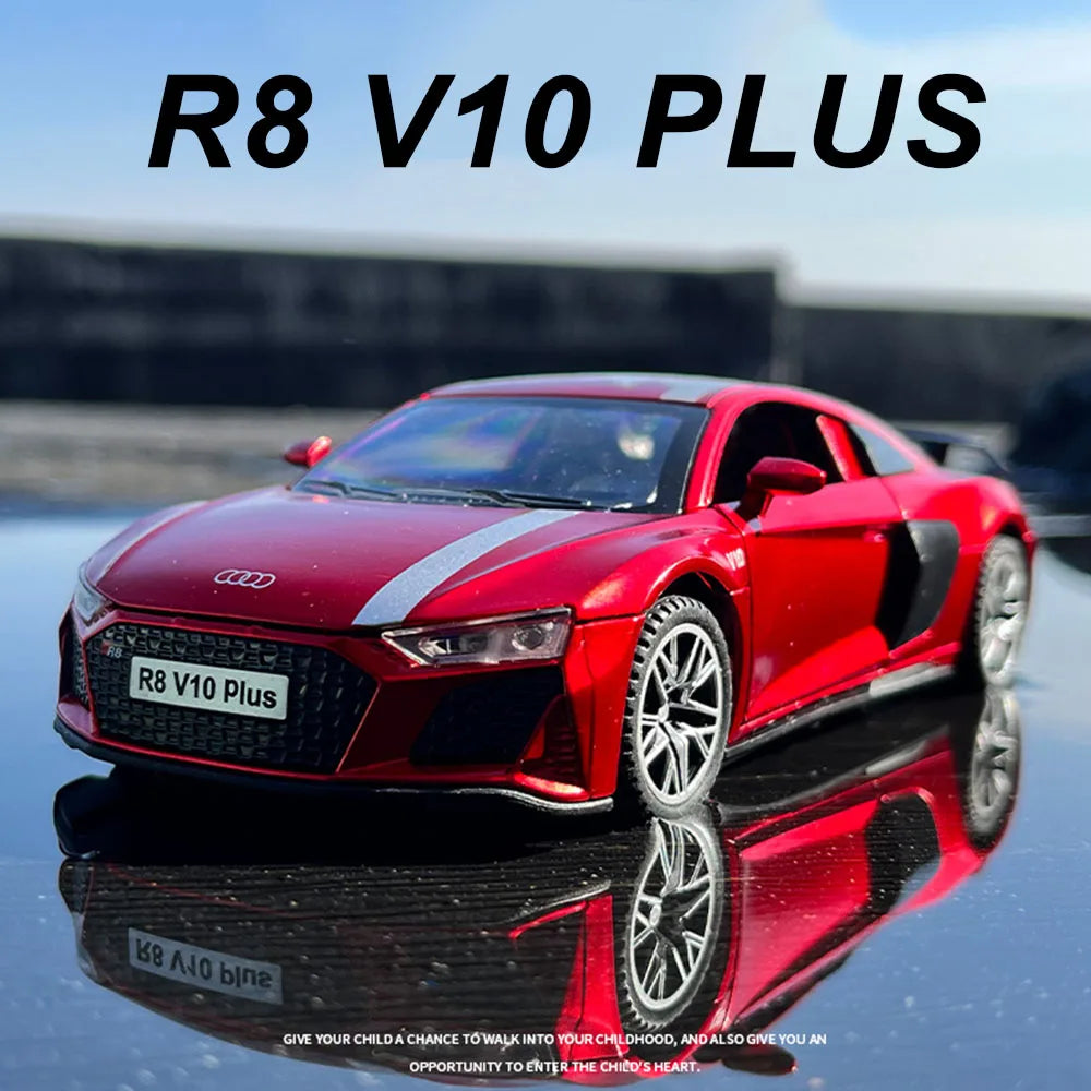 1:32 R8 V10 PLUS E-TRON Car Model Toys Alloy Diecast Vehicles Rubber Tires with Sound Light Pull Back Toy Birthday Gifts for Kid