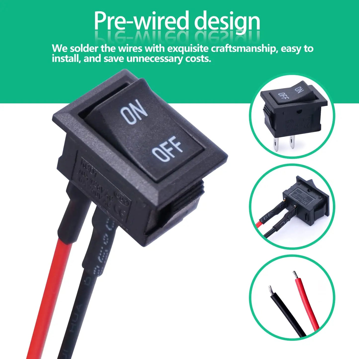 10pcs Rocker ON Off Switch 12V Toggle Switch KCD1 Mini Rocker Switches 2 Pin AC 6A 250V 10A 125V SPST 2 Position Black Square