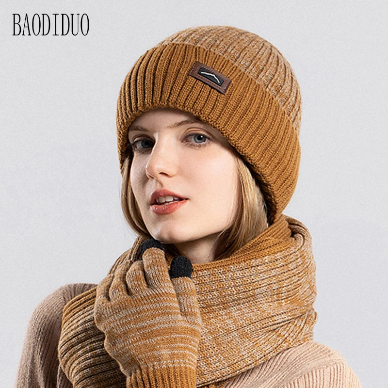 Xinbaoguan 100% acrylic 8397 winter hat, gloves, scarf three piece set, outdoor velvet warm ear protection, knitted yarn hat
