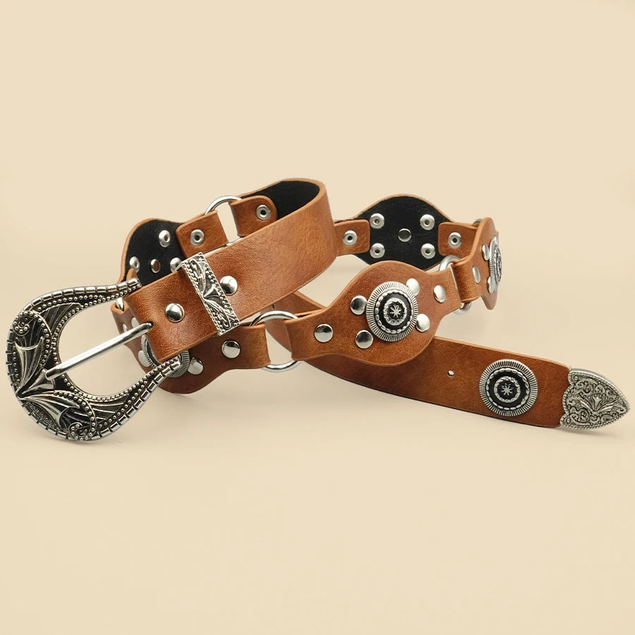 Brown Bohemian Vintage Women's Belt - Carved Rivet Design, Versatile for Daily, Date & Casual Wear