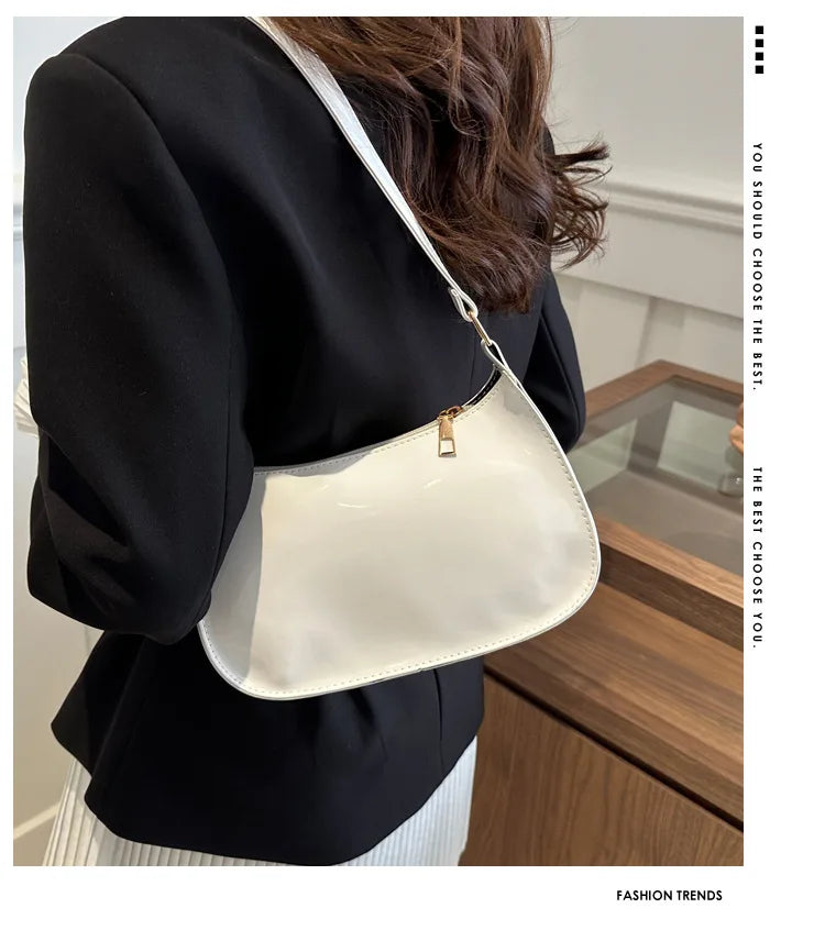 Women's White Patent Leather Versatile Shoulder Casual Bag Zipper Handbags